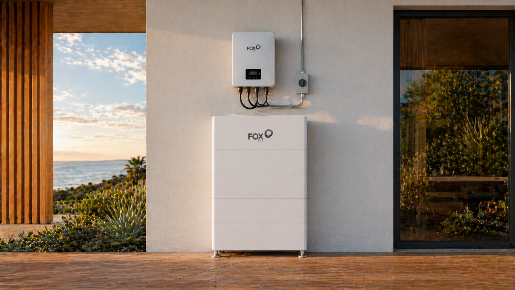 fox-ess-cq6-battery-coastal-nsw-installation Fox ESS CQ6 modular battery and inverter installed on a coastal Northern Rivers home with ocean views