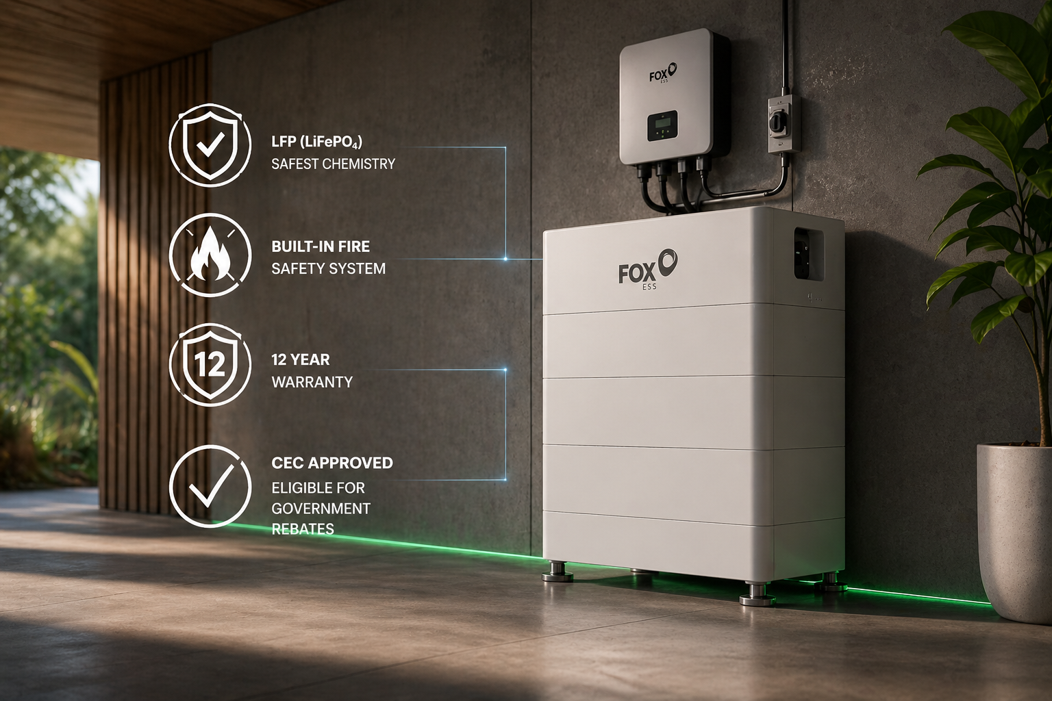 fox-ess-cq6-safety-features-warranty Fox ESS CQ6 battery safety features including LiFePO4 chemistry, fire safety system, 12 year warranty and CEC approval