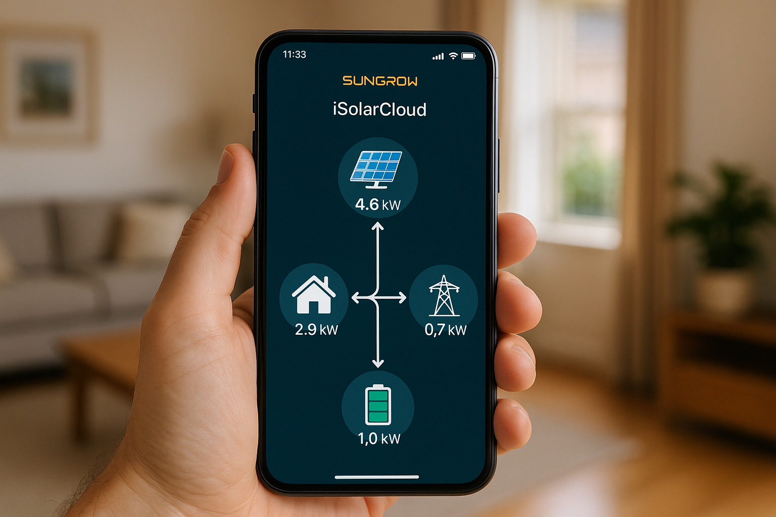 Sungrow Inverters: An Australian Installer’s Practical Guide 1 The Sungrow iSolarCloud app showing real-time solar energy production and consumption.