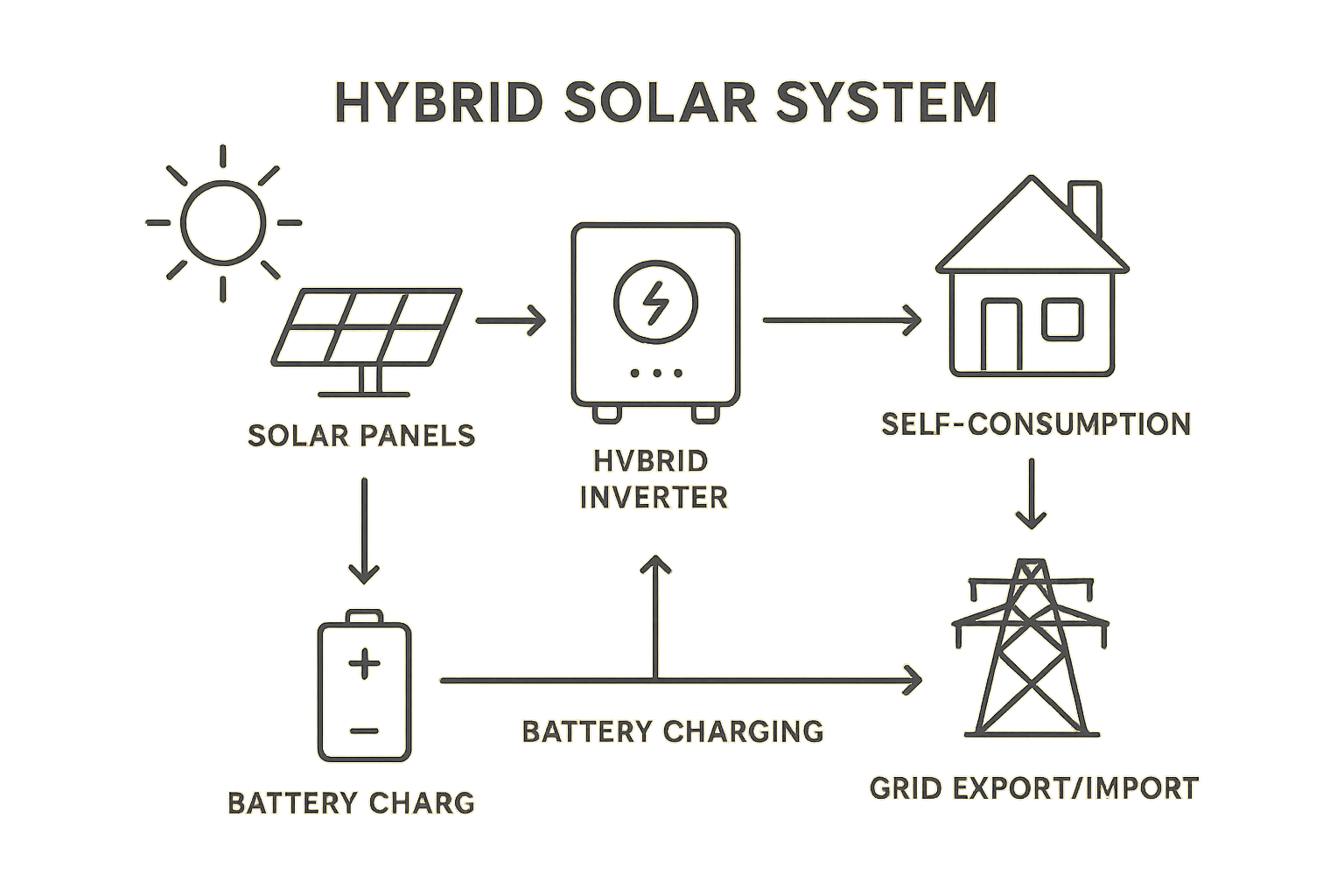 Hybrid Solar Installation Guide for Australian Homes (Panels, Battery & Inverter Explained) 1 Diagram showing how a hybrid solar system works with panels, battery, and the grid.