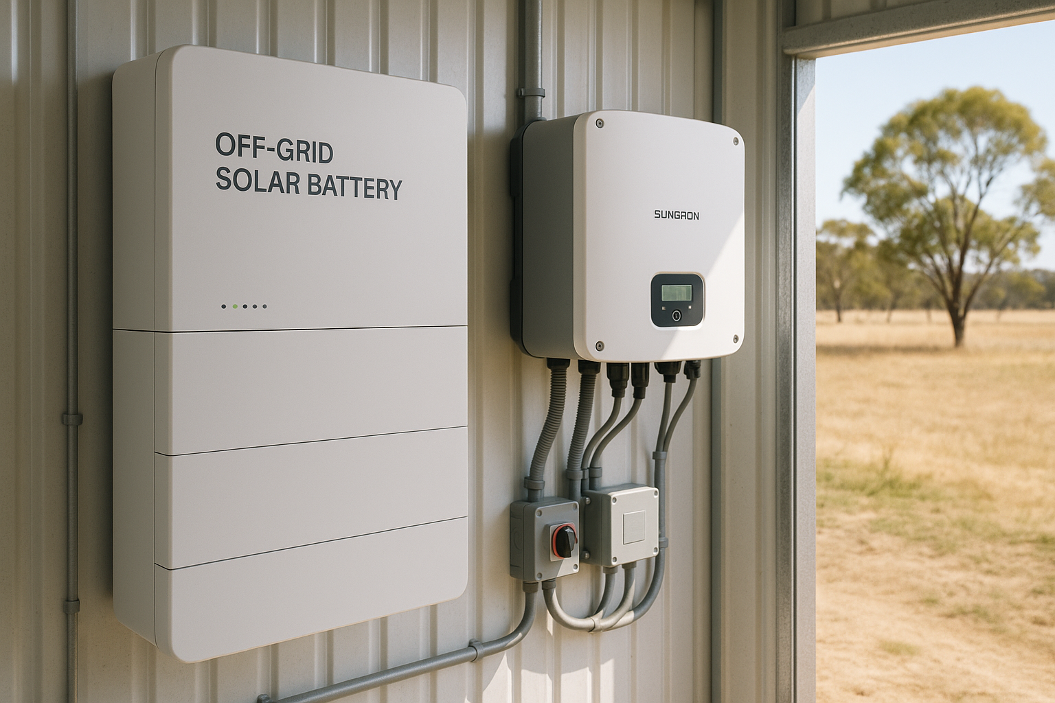 Why Rural Properties Are a Perfect Match for Solar Energy 2 An off-grid solar battery and Sungrow solar inverter installed in a shed, part of a remote property solar setup.