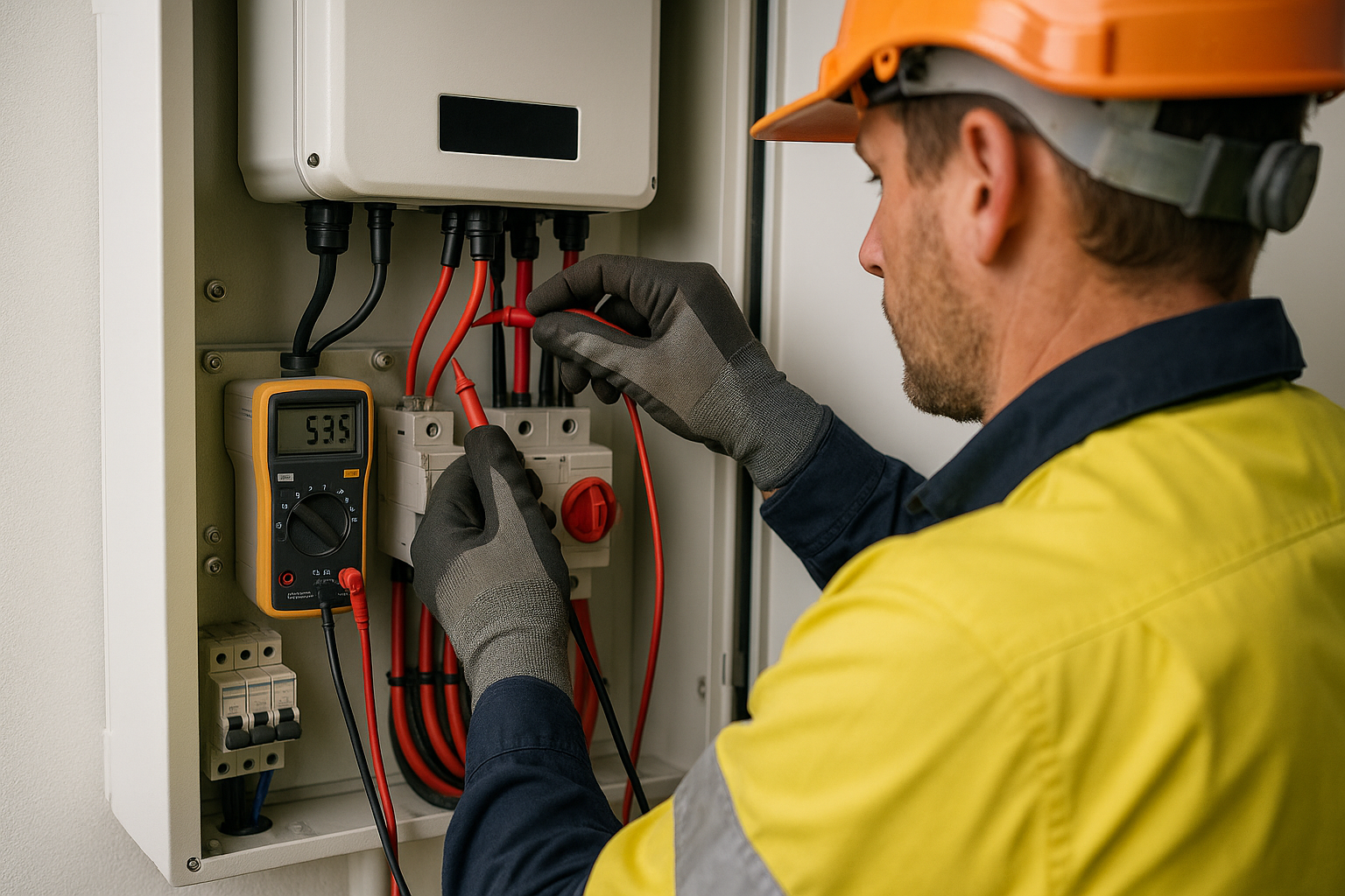 Living Off the Grid in Australia: A Practical Guide to Solar, Batteries and Reliable Power 3 Installer checking off-grid inverter and battery isolation