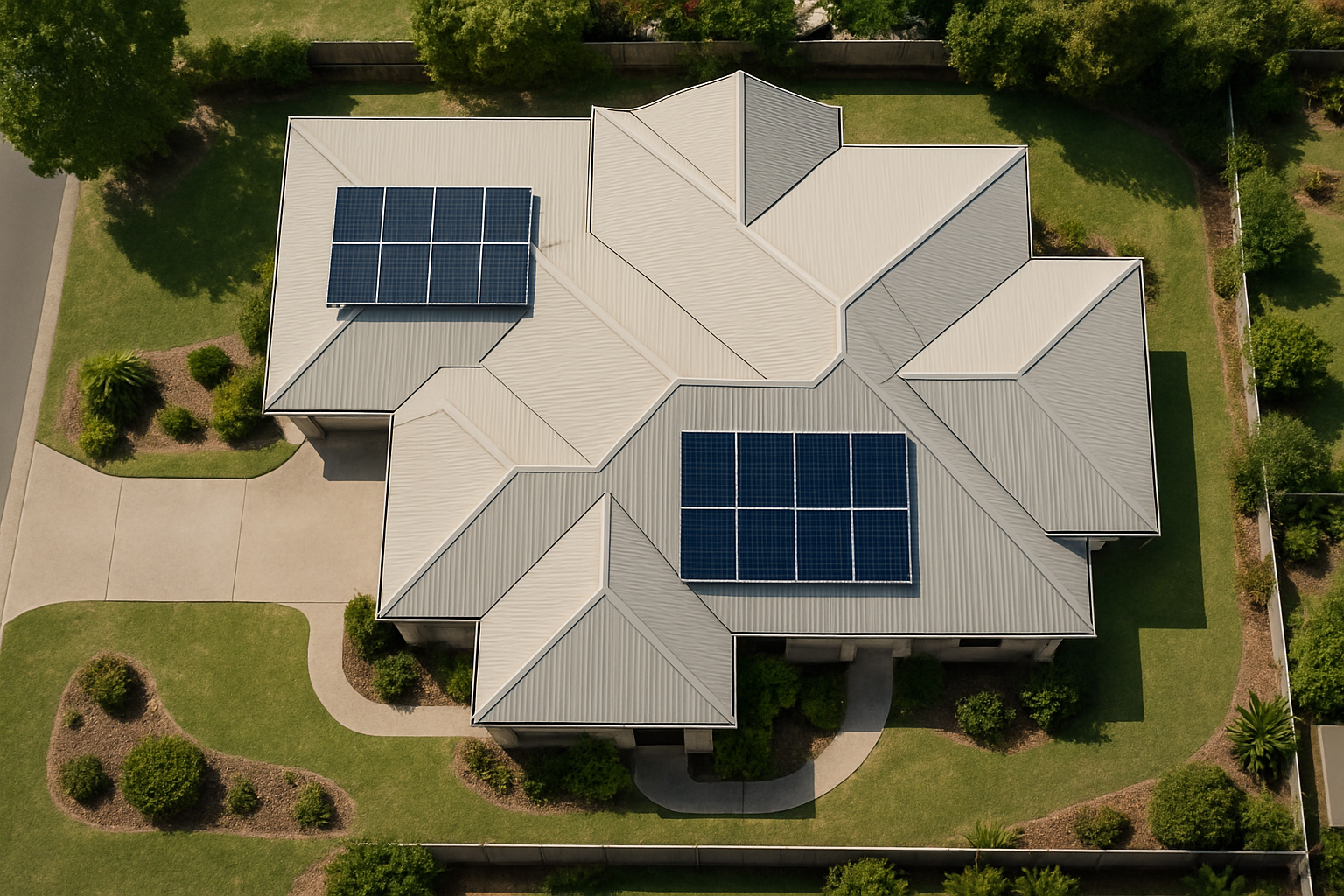 Solar Panels Design Trends and Layout Ideas: What Looks Best (and Works Best) on Aussie Roofs 3 A split array solar panel layout on a complex roof.