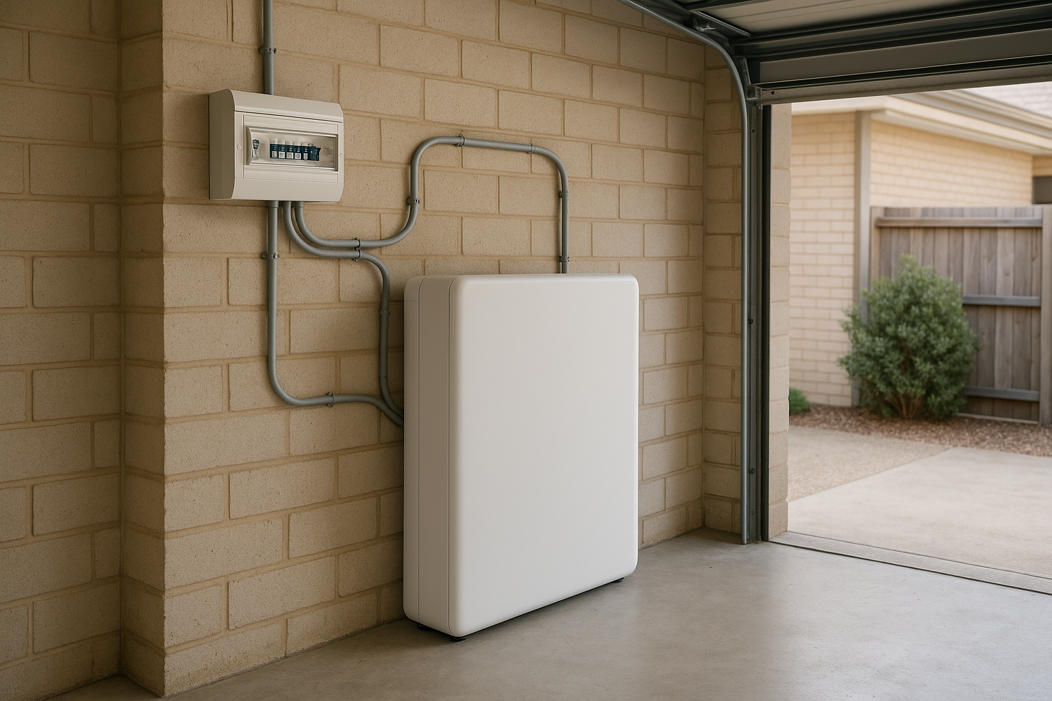 Solar power systems in Tamworth: how to choose the right setup (without overpaying) 3 Home battery installed next to a switchboard in an Australian garage