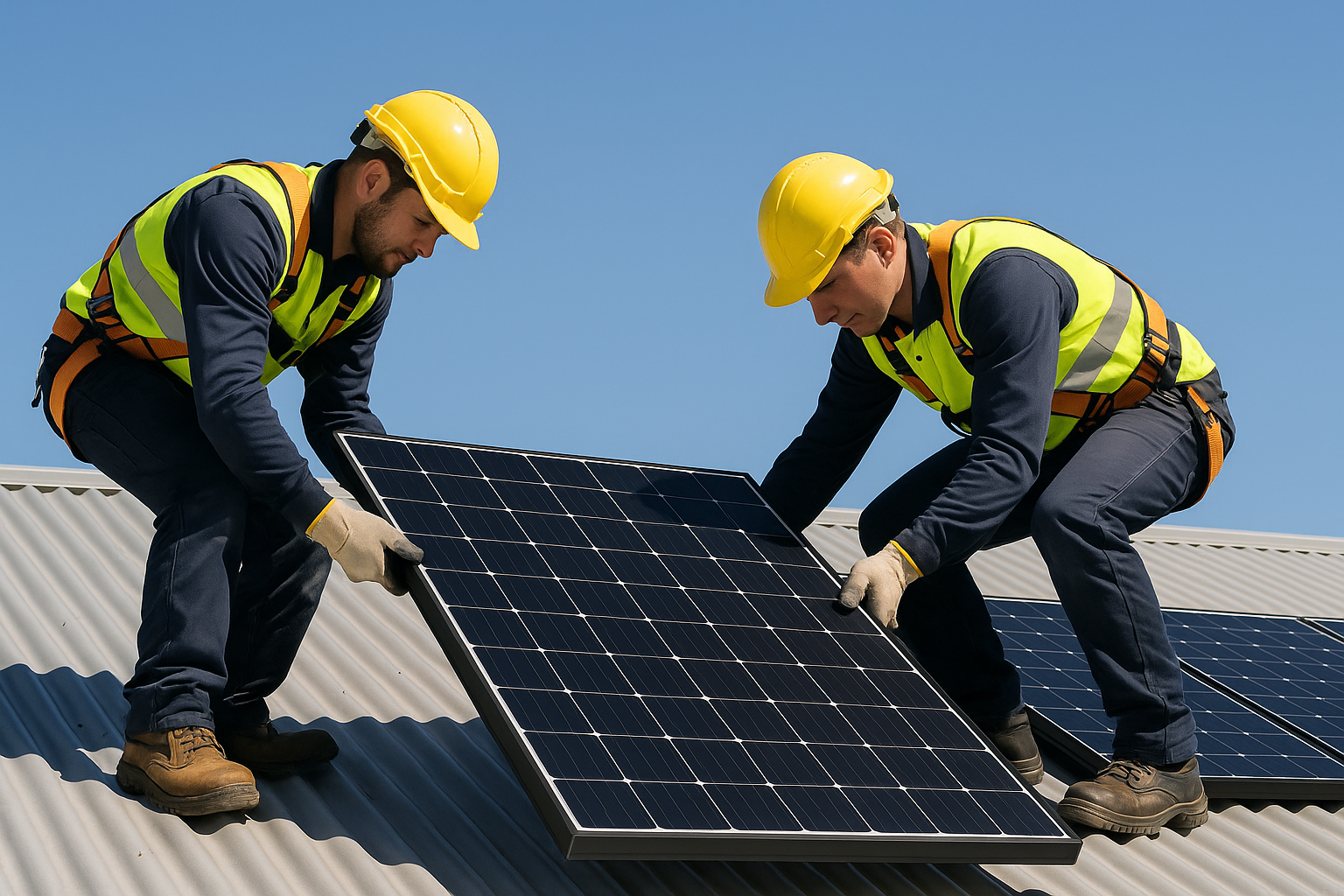 The Solar Panel Installation Timeline: A 6-Step Guide 3 Professional solar panel installation in progress on an Australian roof.