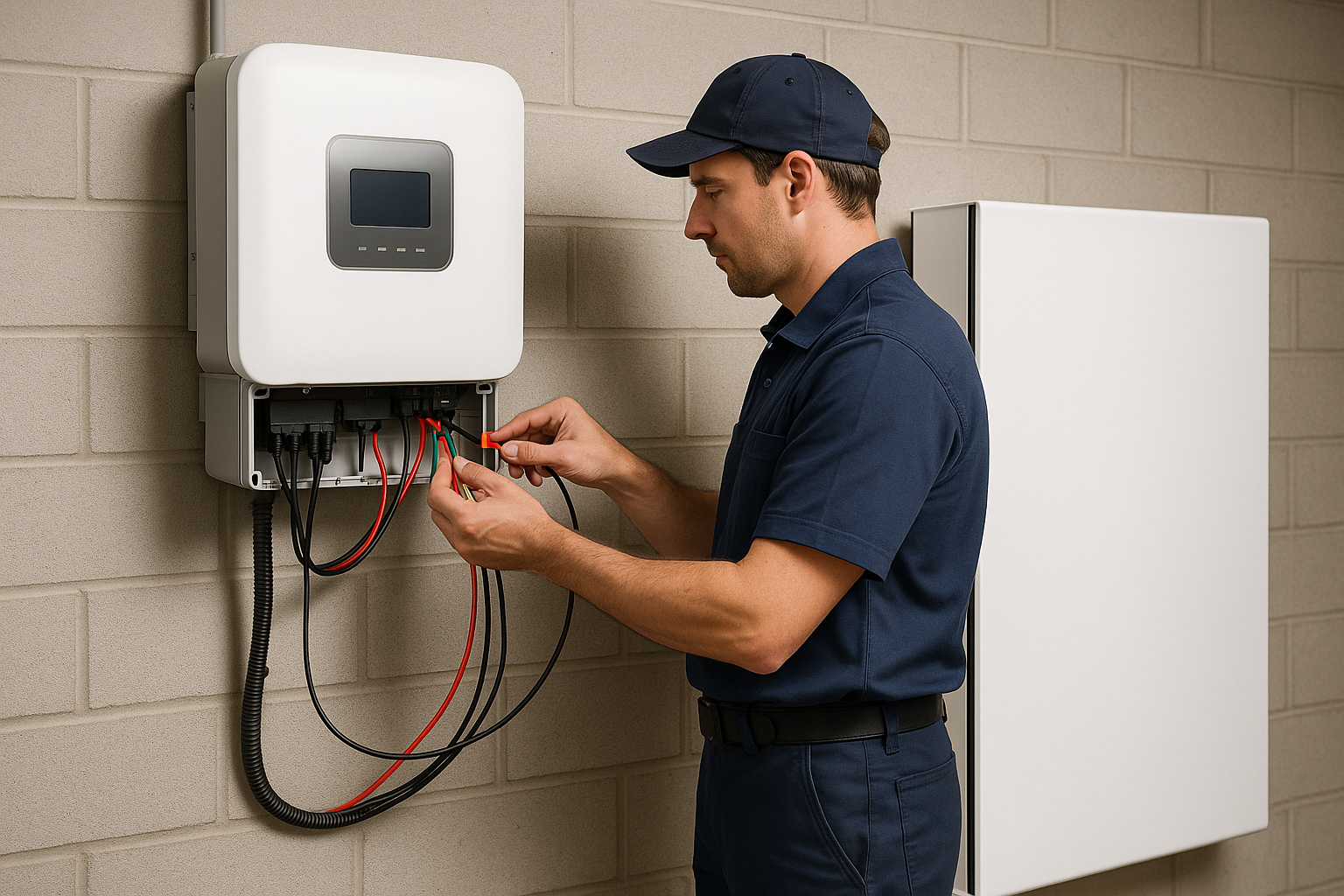 How to Choose the Best Solar Inverter: An Australian Installer’s Guide 3 A CEC-accredited installer connecting a hybrid inverter next to a solar battery.