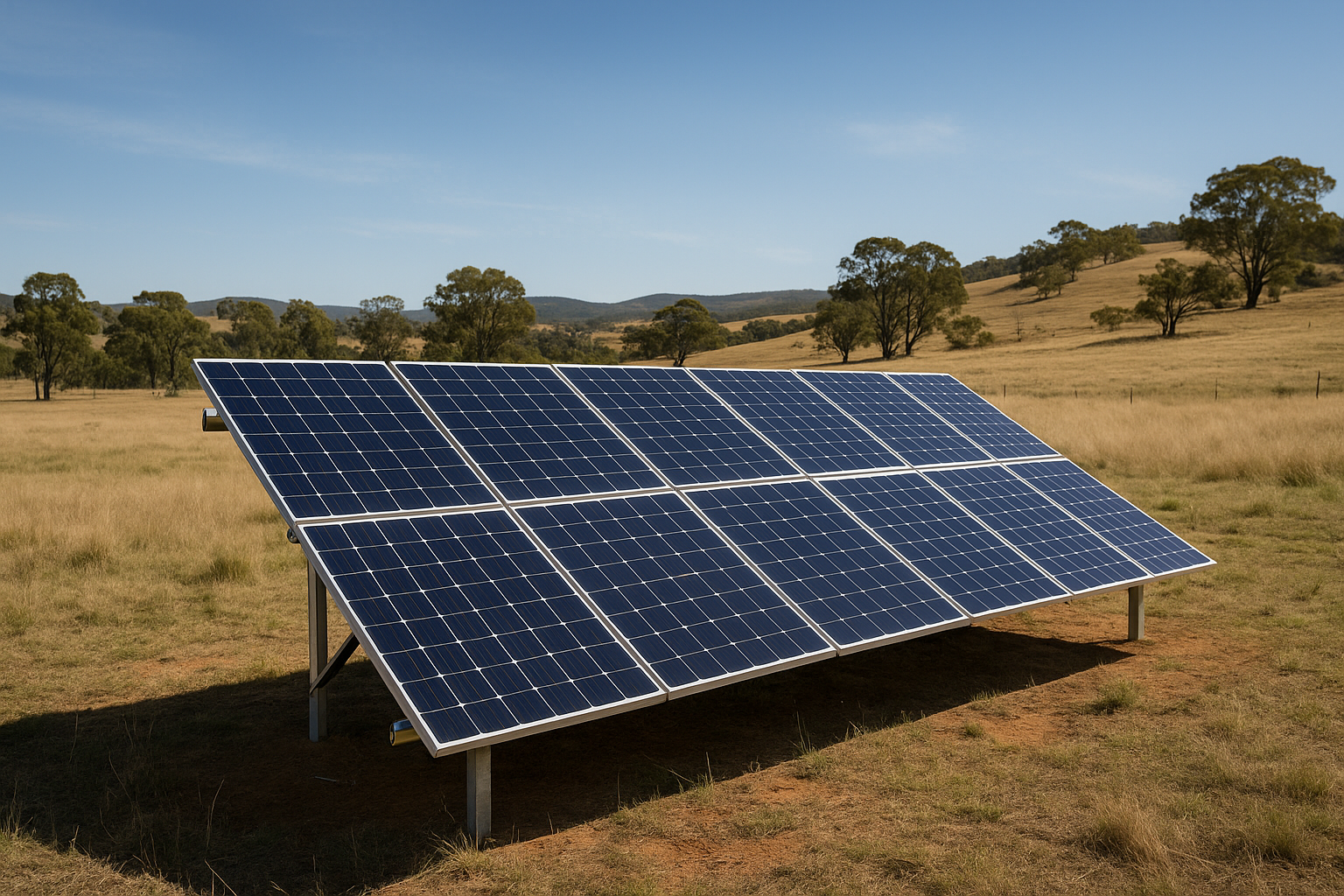 Living Off Grid in Australia: A Practical Guide to Solar, Batteries, and Reliable Power 3 Ground-mounted solar array used for off-grid living in Australia