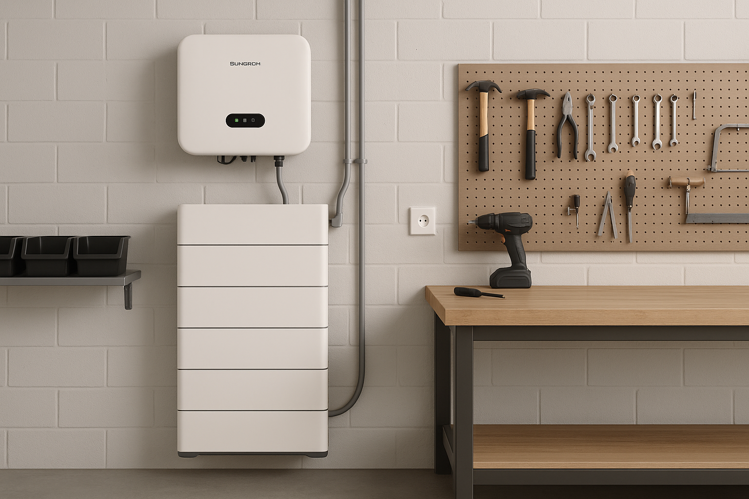 Are Solar Panels Actually Sustainable? A Realistic Look 3 An off-grid solar battery installed in a garage, storing clean energy for use at night.