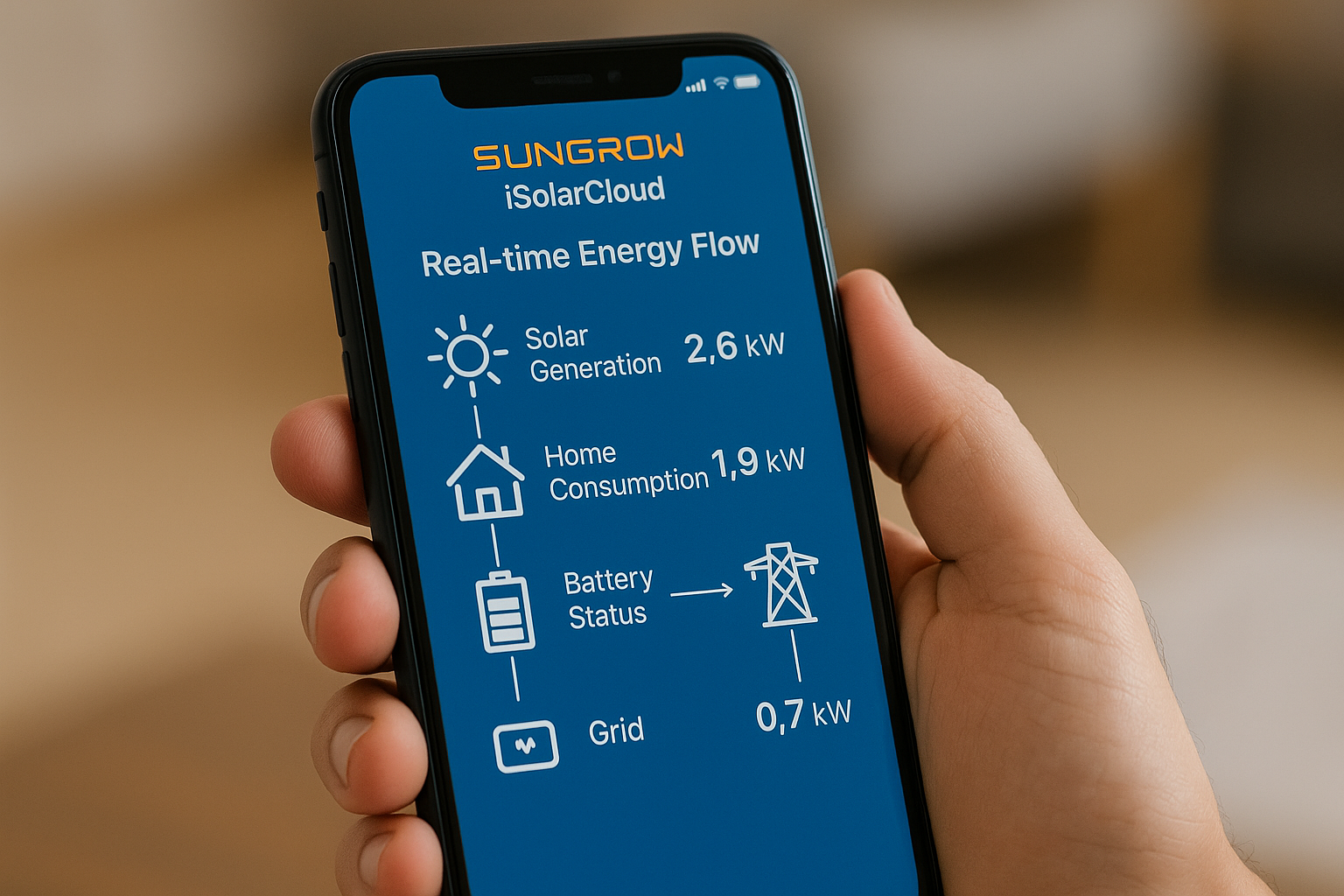 Sungrow Inverters: A Practical Guide for Australian Homes 4 The Sungrow iSolarCloud app on a smartphone displaying solar system performance.