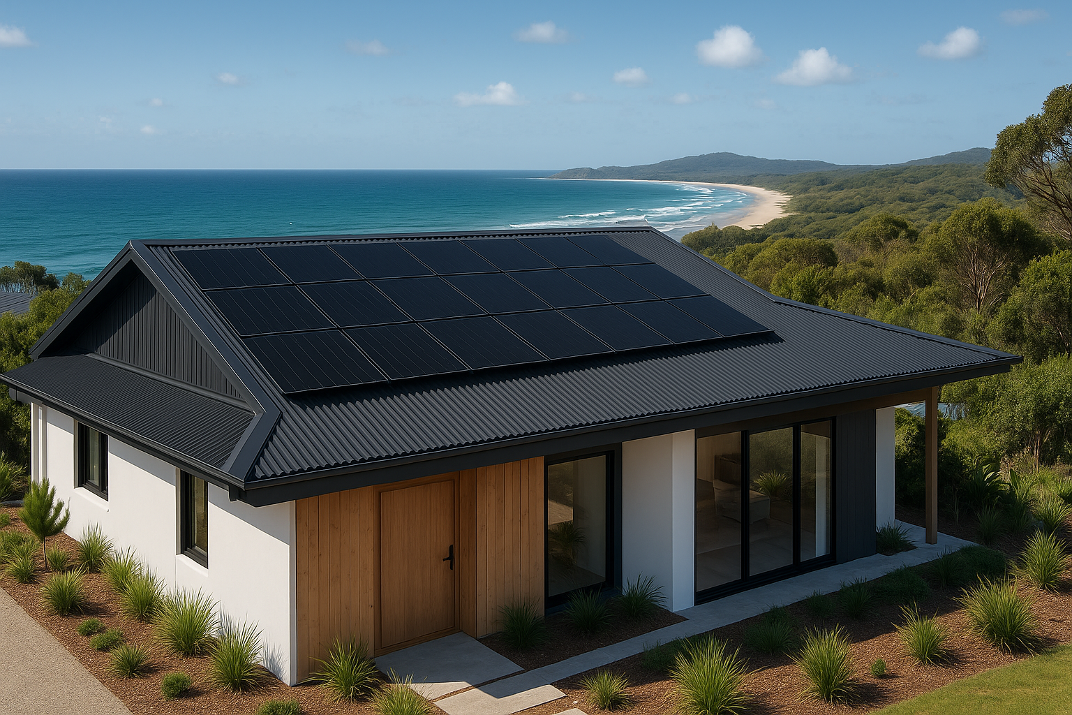 REC TwinPeak 5 Review: Are They the Right Solar Panels for Your Aussie Home? 4 A full solar array using REC TwinPeak 5 Black panels on a coastal home.
