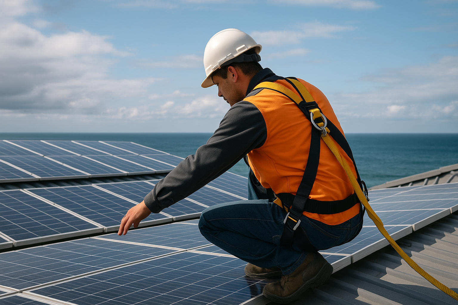 Solar Tweed Heads: Practical Advice on System Size, Inverters, Batteries and Maintenance 4 Technician inspecting rooftop solar panels safely