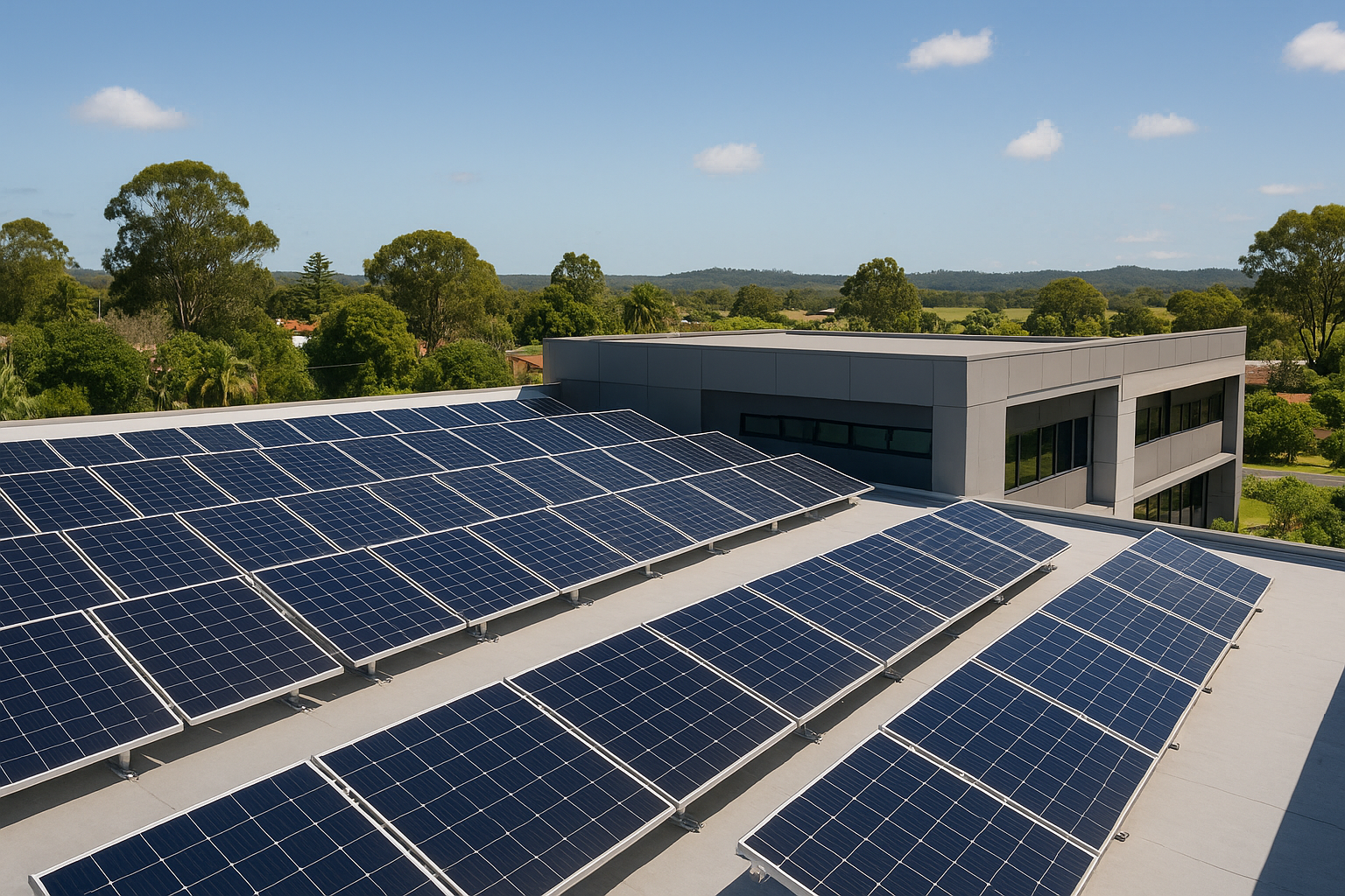 Are Solar Panels Actually Sustainable? A Realistic Look 2 Commercial solar panels on a business roof, showcasing the benefits of solar power for business.