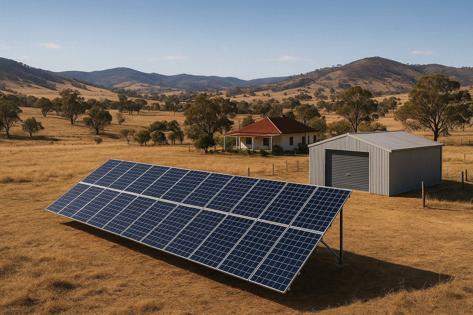 Solar Panels Design Trends and Layout Ideas: What Looks Best (and Works Best) on Aussie Roofs 4 Large ground-mounted solar panel array for a rural off-grid property.