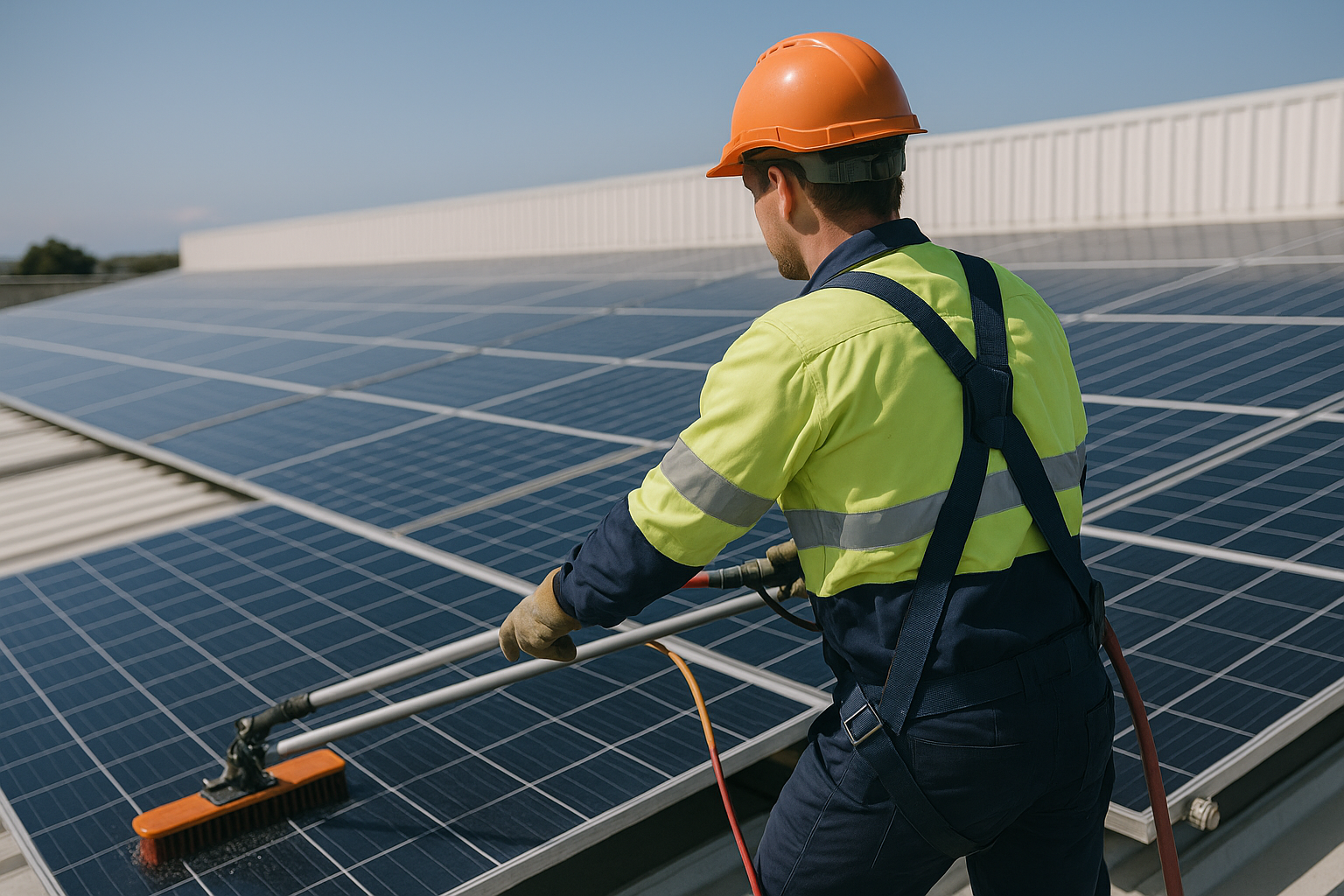 Solar power systems in Tamworth: how to choose the right setup (without overpaying) 4 Technician cleaning solar panels on a commercial roof