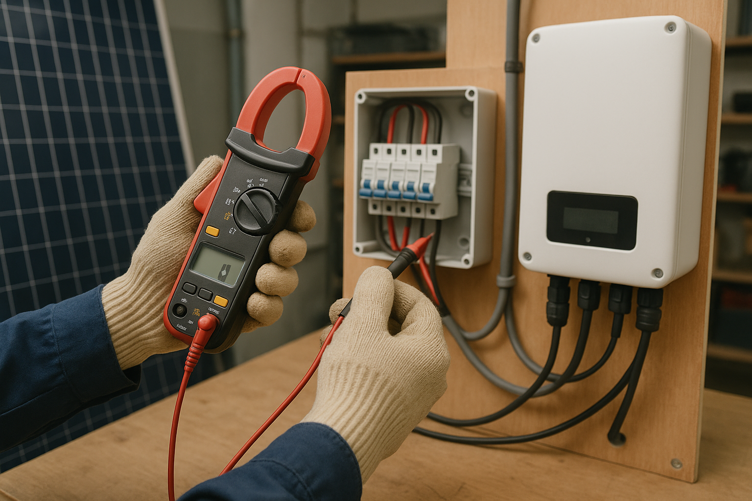 Off Grid Solar in Tamworth: A Practical Guide to Panels, Batteries, Inverters and Real-World Sizing 4 Electrician testing an off-grid solar system with a clamp meter
