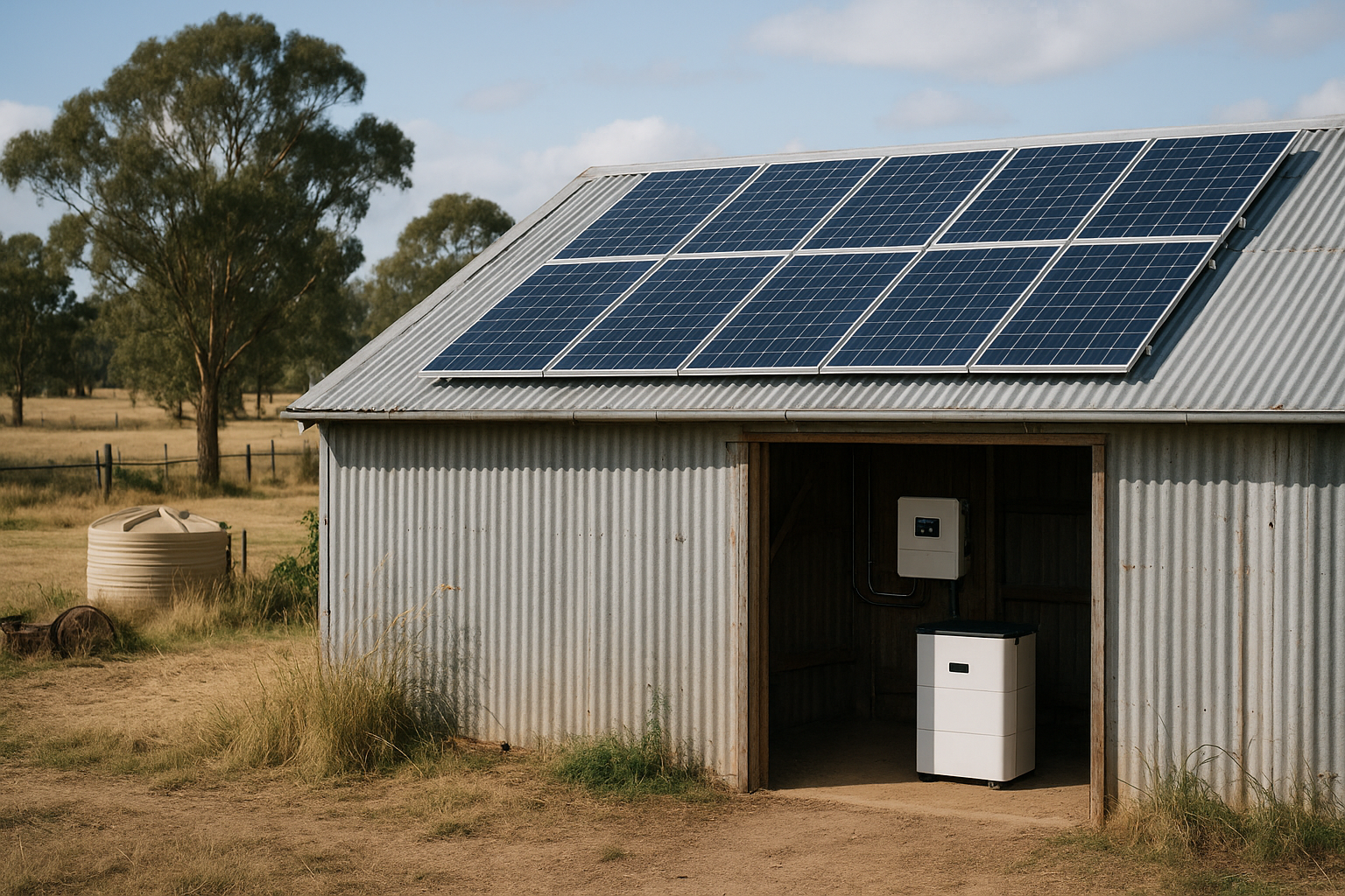 Hybrid Solar Explained: Practical Backup Power and Better Bill Control (Australia) 2 Hybrid solar setup on a rural property with solar panels on a shed