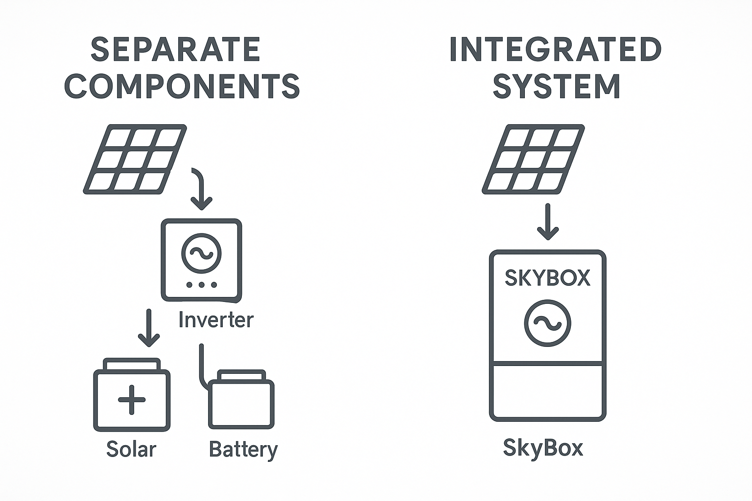 SkyBox Solar Explained: Your Guide to All-in-One Home Battery Backup 1 Diagram showing the difference between a standard solar setup and an integrated SkyBox system.