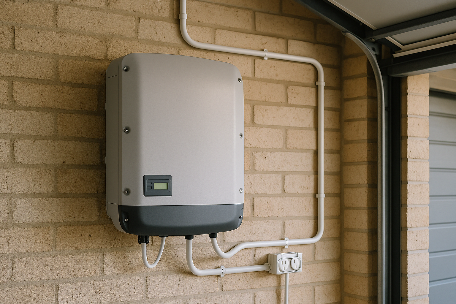 Solar Northern Rivers: practical advice on panels, inverters, batteries and roof design 1 Solar inverter installed neatly on a garage wall