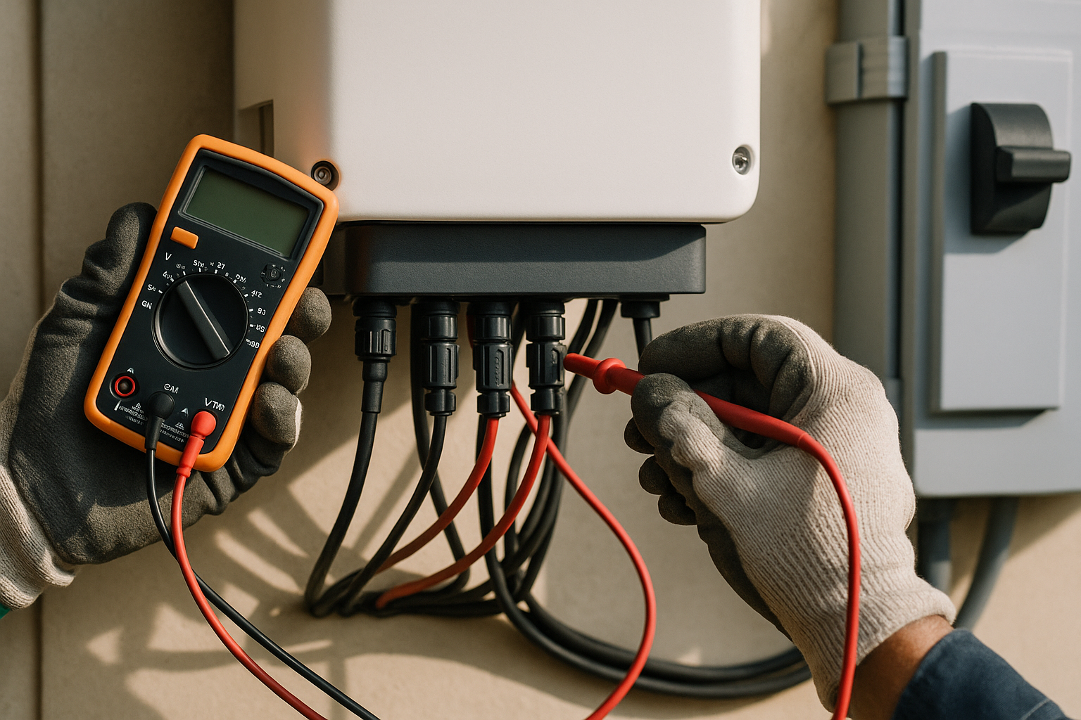 Fronius Inverter Guide for Australian Homes: Models, Sizing, Monitoring and Common Questions 1 Technician testing electrical connections for a solar inverter