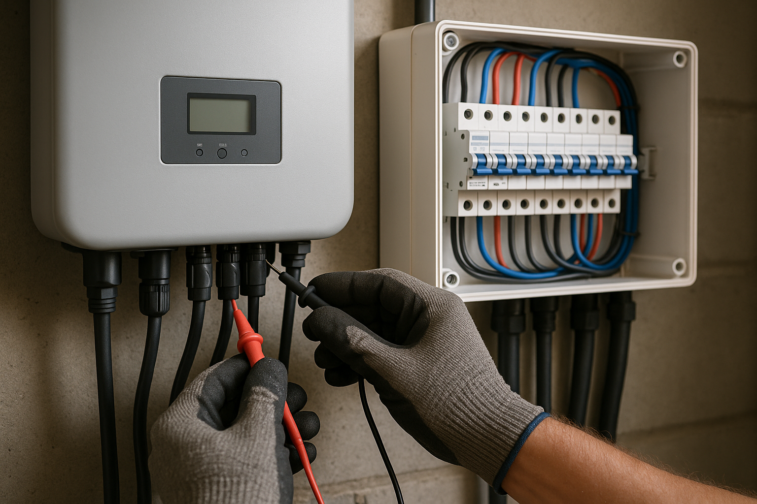 Freedom energy: what it really looks like on your roof, in your switchboard, and on your bill 1 Installer inspecting a solar inverter and switchboard connection