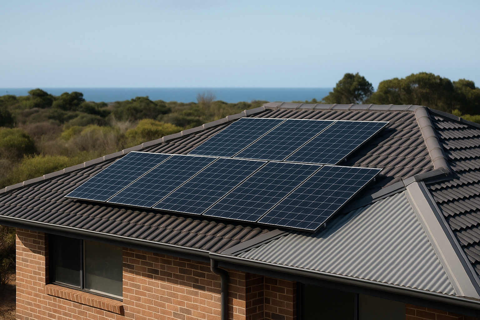 Solar inverter brands in Australia: how to choose one that actually fits your home (2026 guide) 1 Rooftop solar panels on mixed roof angles on an Australian home