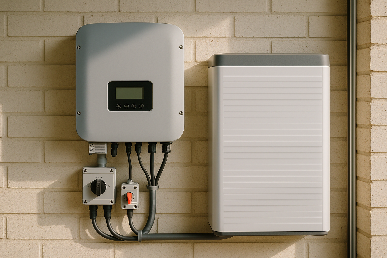 Green energy solutions in Australia: practical options for homes, farms and businesses 1 Hybrid solar inverter and battery installed on a garage wall