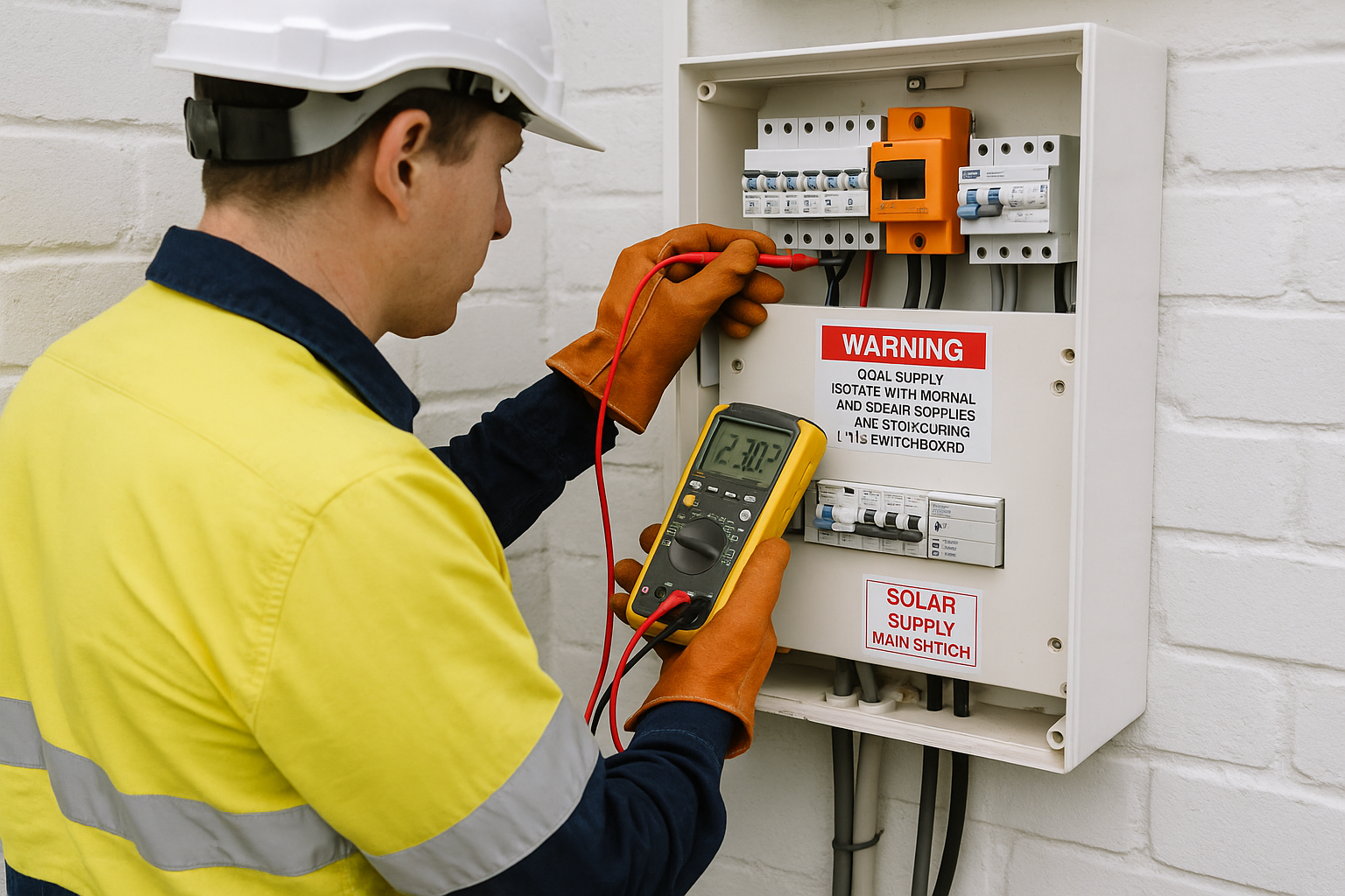 Solar Northern Rivers: practical advice on panels, inverters, batteries and roof design 4 Technician inspecting a home switchboard for solar connection
