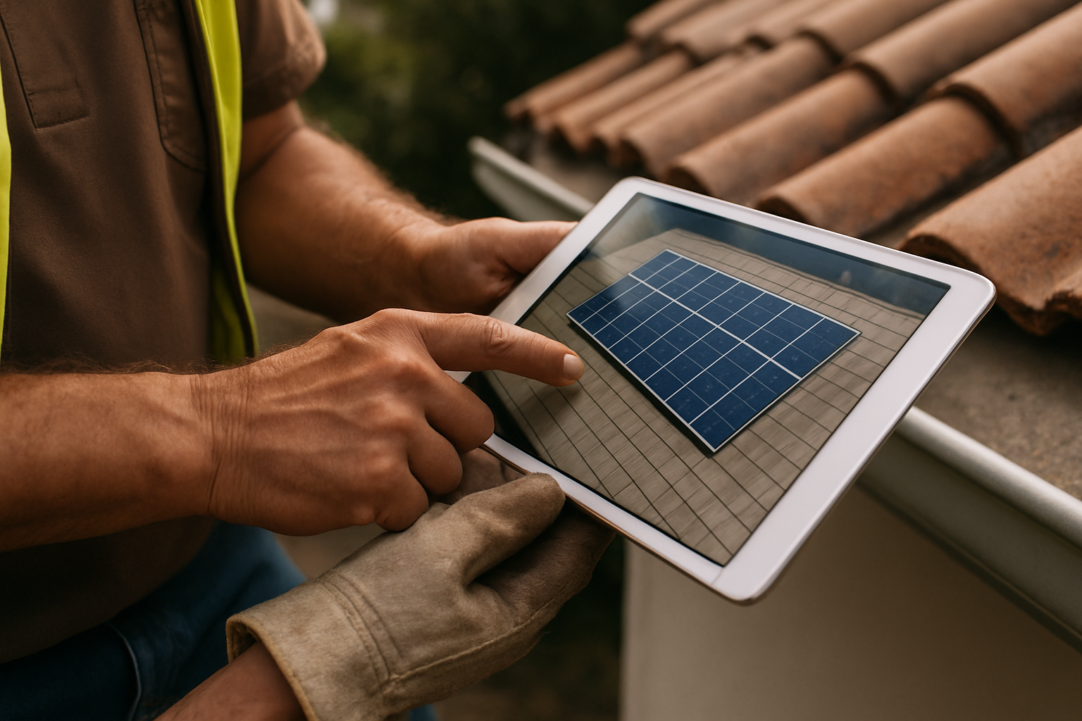 Are solar panels a good investment in Australia? 3 Installer reviewing a solar system design plan on a tablet