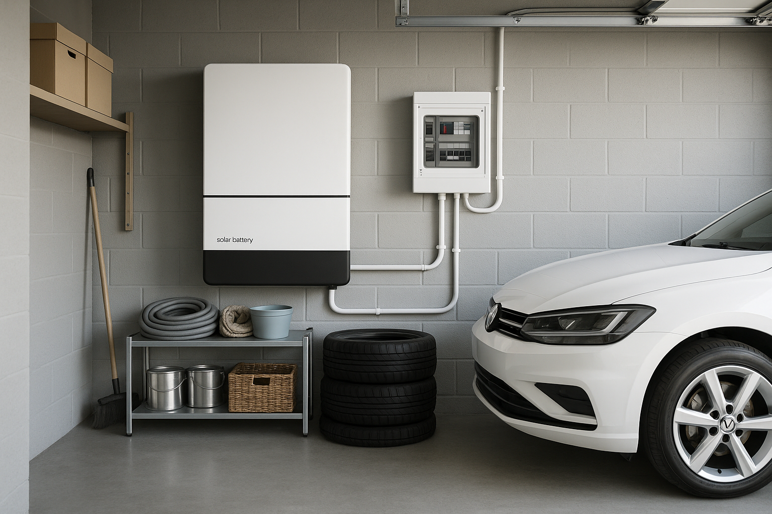 6 Common Solar Panel Mistakes Aussie Homeowners Make (and How to Avoid Them) 3 A solar battery installed neatly in a home garage.
