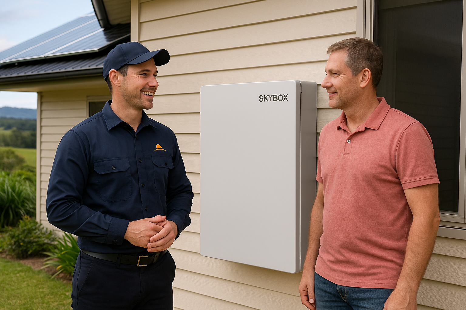 SkyBox Solar Explained: Your Guide to All-in-One Home Battery Backup 4 A Freedom Energy Solutions installer discussing a new SkyBox solar installation with a customer.