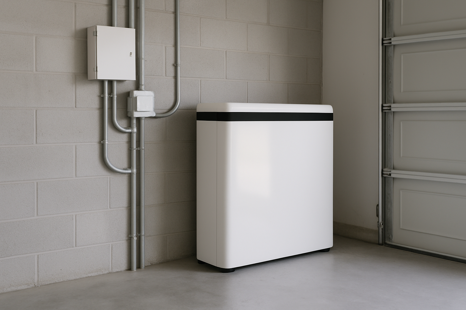 Home battery energy storage system installed in a garage next to a solar inverter Home battery in a garage