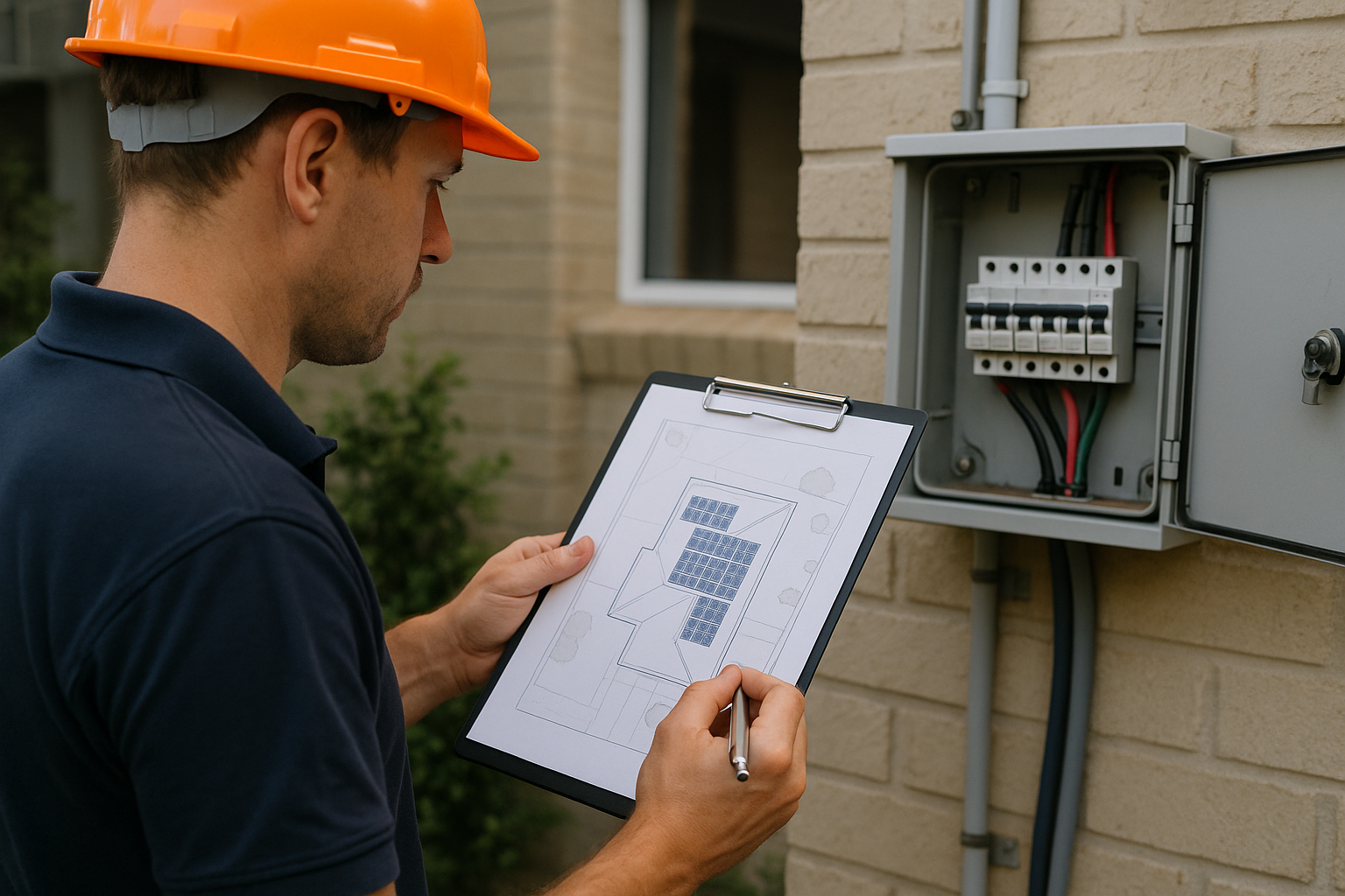 Green energy solutions in Australia: practical options for homes, farms and businesses 4 Installer reviewing a solar plan beside a home switchboard