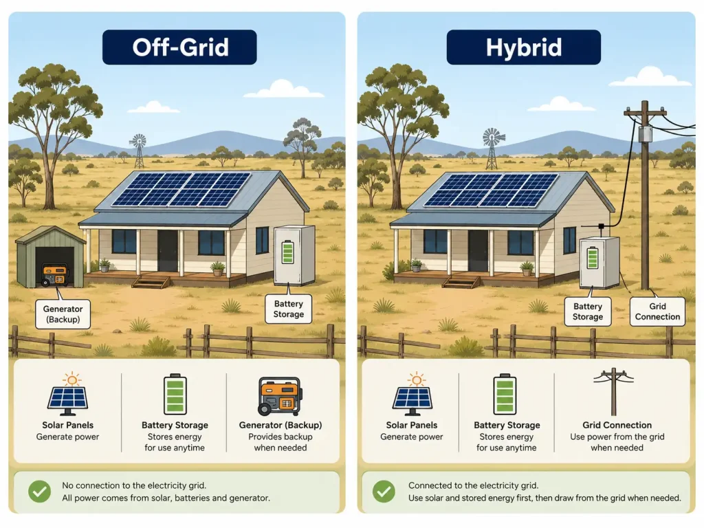 Remote Area Solar Power in Regional NSW (What Actually Works) 3 off-grid-vs-hybrid-solar-system-comparison