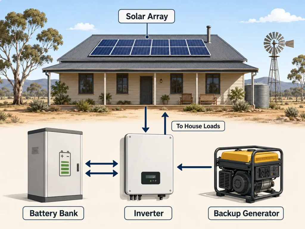 Remote Area Solar Power in Regional NSW (What Actually Works) 2 standalone-solar-power-system-components-diagram