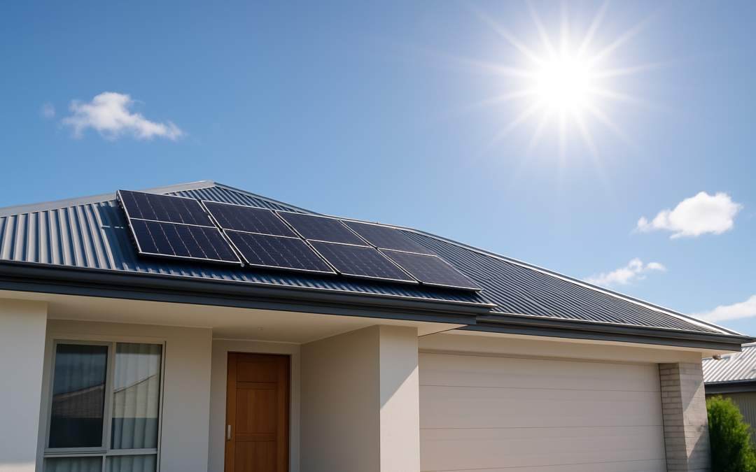 A modern Australian home with a hybrid solar solution installed on the roof.