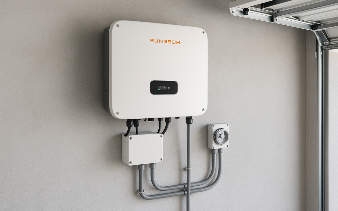 A professionally installed Sungrow hybrid inverter on a garage wall in Australia.
