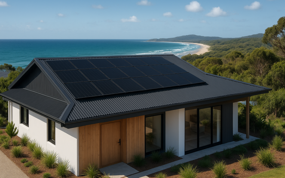 A full solar array using REC TwinPeak 5 Black panels on a coastal home.