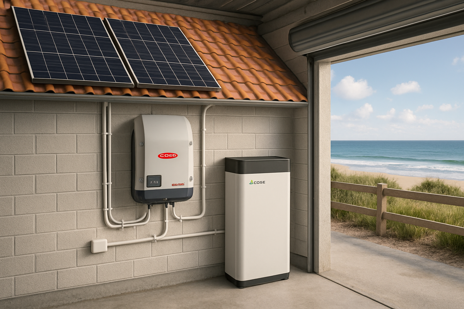 Hybrid solar system setup with battery and Fronius inverter in Australian home garage