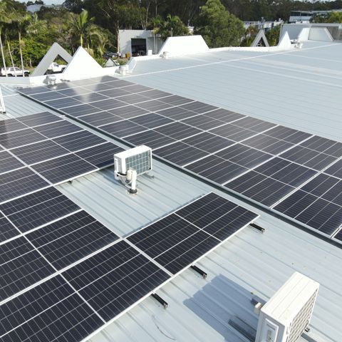 Commercial solar arrays on the Media Booth building roof