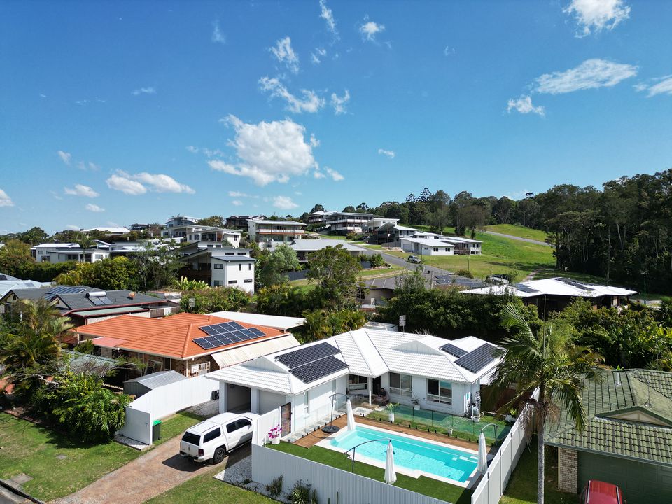 Drone view of a Freedom Energy solar installation on a coastal Northern Rivers home